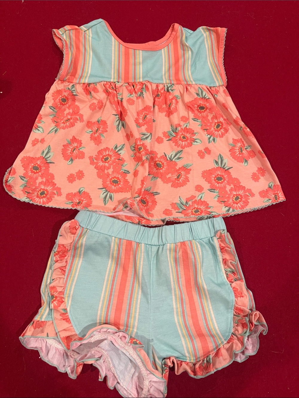 Matilda Jane Coral Floral Top with Aqua Stripe Ruffle Shorts